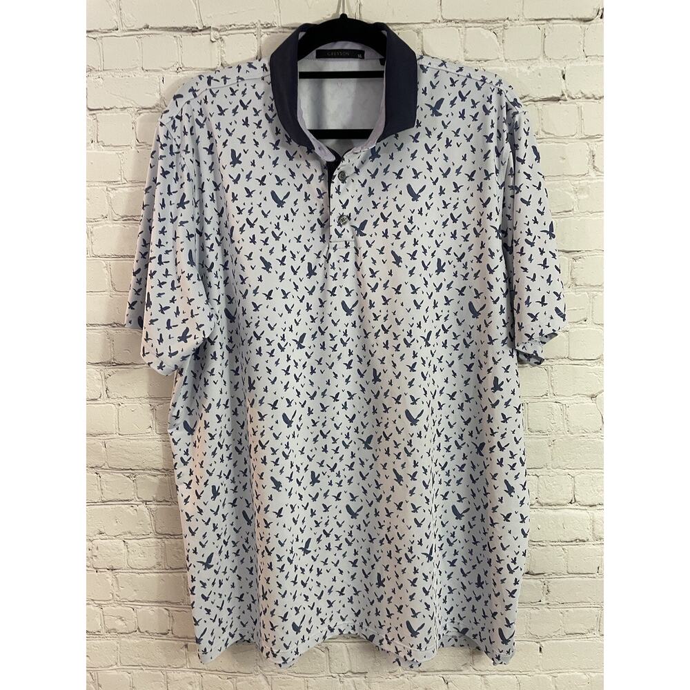 GREYSON Golf Men's Size XL All over Bird Print Gray Blue Performance Polo Shirt
